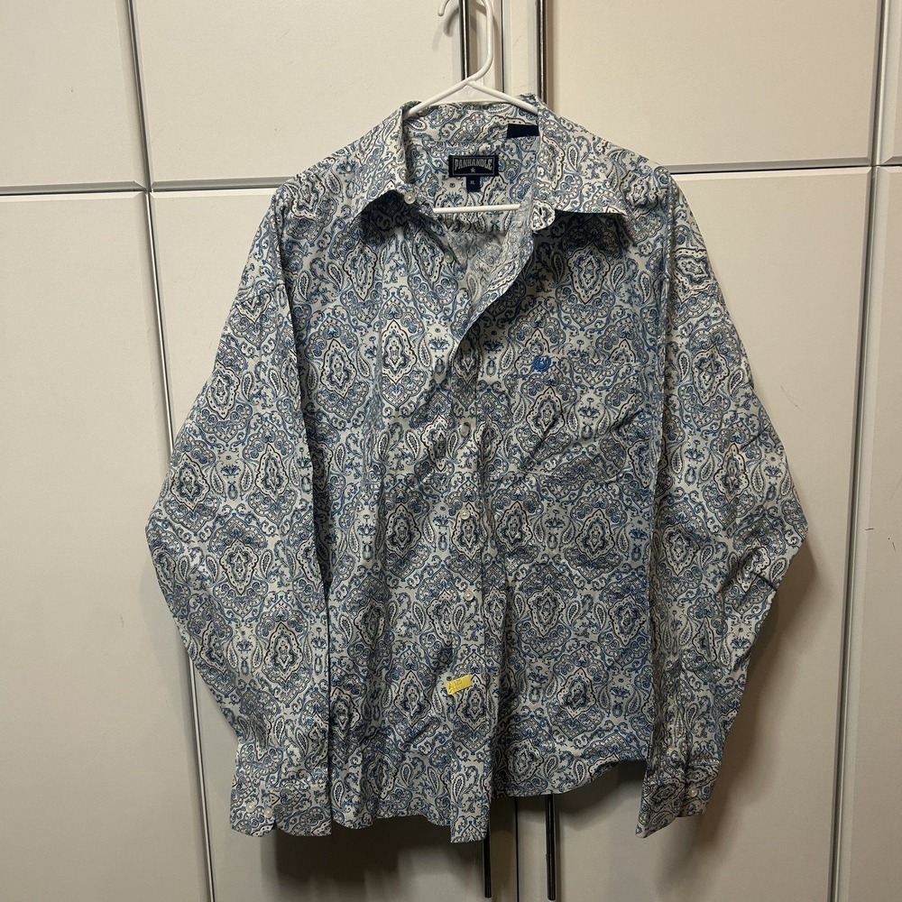 Panhandle Mens XL Blue White Paisley Long Sleeve Button Up Western Shirt 36D3829